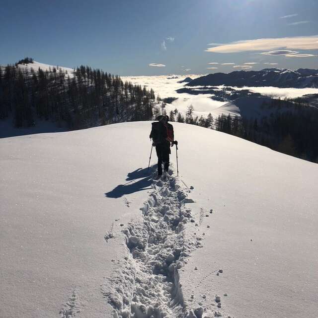 Zen and well-being snowshoe hike in winter
